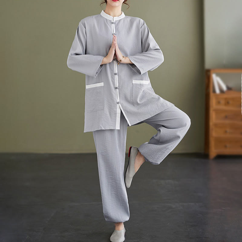 Ensemble 2 pièces en coton avec t-shirt, haut et pantalon de tai-chi, motif Buddha Stones , vêtements zen pour femmes - Bleu acier clair - US8-10，UK/AU12-14，EU40-42 (2XL) - image 1