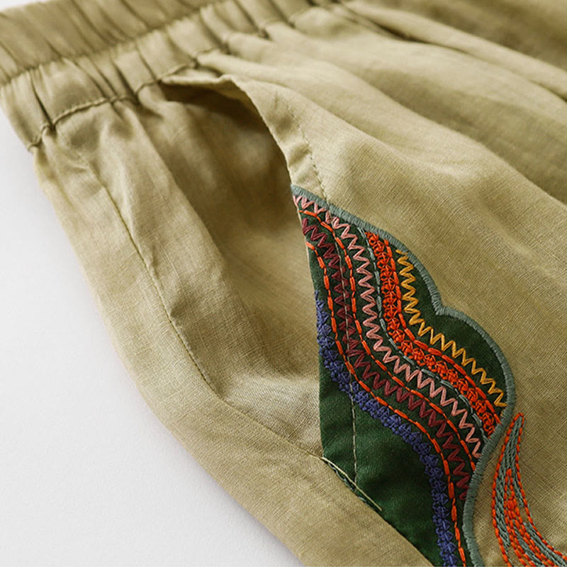 Pantalon décontracté en coton et lin avec broderie florale Buddha Stones pour femme, taille élastique, jambes larges et poches - image 3