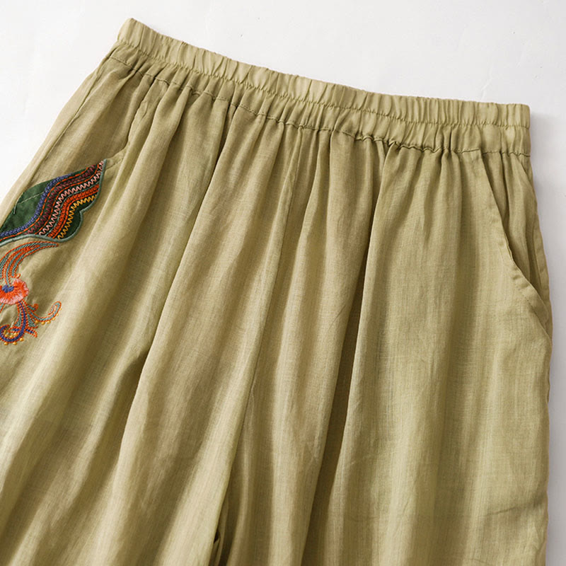 Pantalon décontracté en coton et lin avec broderie florale Buddha Stones pour femme, taille élastique, jambes larges et poches - image 2