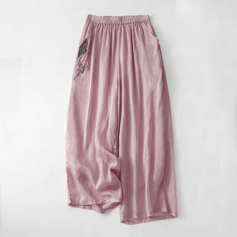 Pantalon décontracté en coton et lin avec broderie florale Buddha Stones pour femme, taille élastique, jambes larges et poches - Violet pâle Rouge - US8-10，UK/AU12-14，EU40-42 (2XL) - image 8