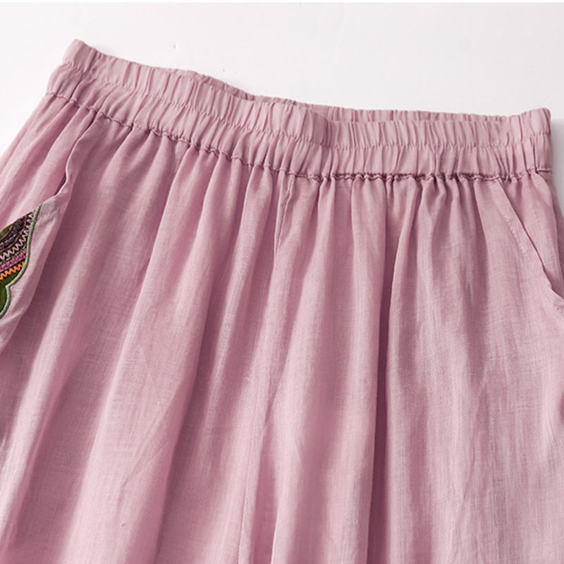 Pantalon décontracté en coton et lin avec broderie florale Buddha Stones pour femme, taille élastique, jambes larges et poches - image 9