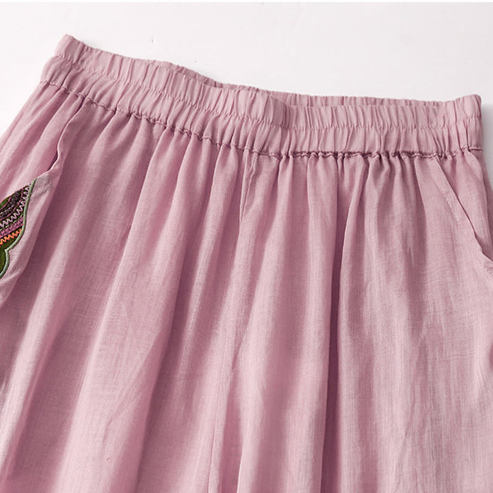 Pantalon décontracté en coton et lin avec broderie florale Buddha Stones pour femme, taille élastique, jambes larges et poches - image 9