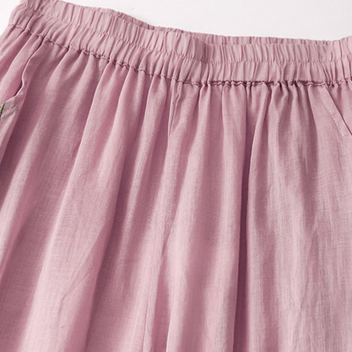 Pantalon décontracté en coton et lin avec broderie florale Buddha Stones pour femme, taille élastique, jambes larges et poches - image 10