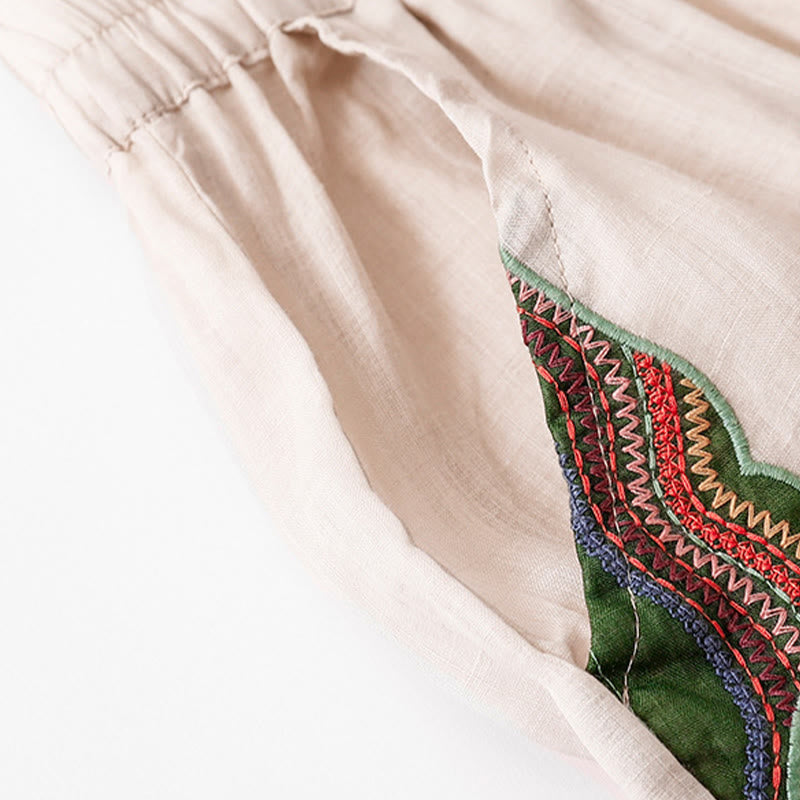 Pantalon décontracté en coton et lin avec broderie florale Buddha Stones pour femme, taille élastique, jambes larges et poches - image 23