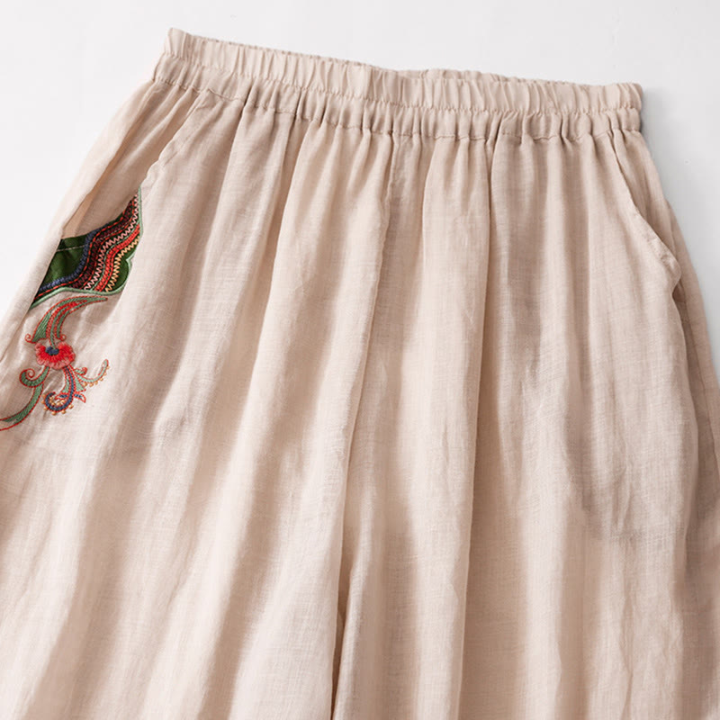 Pantalon décontracté en coton et lin avec broderie florale Buddha Stones pour femme, taille élastique, jambes larges et poches - image 20