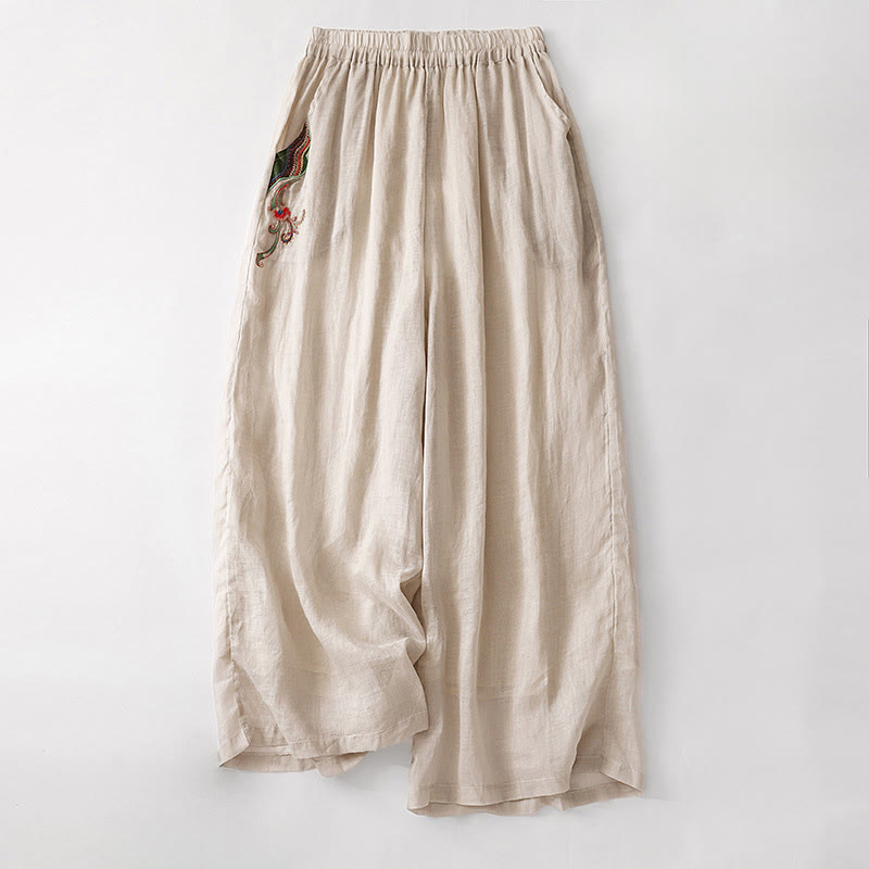 Pantalon décontracté en coton et lin avec broderie florale Buddha Stones pour femme, taille élastique, jambes larges et poches - Blanc antique - US8-10，UK/AU12-14，EU40-42 (2XL) - image 18
