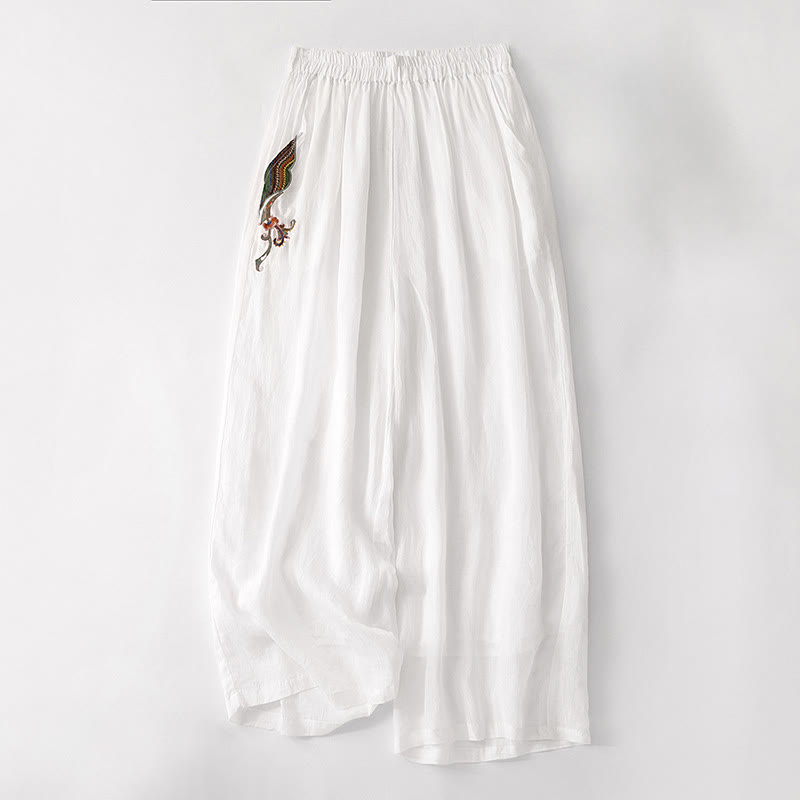 Pantalon décontracté en coton et lin avec broderie florale Buddha Stones pour femme, taille élastique, jambes larges et poches - Blanc - US8-10，UK/AU12-14，EU40-42 (2XL) - image 26