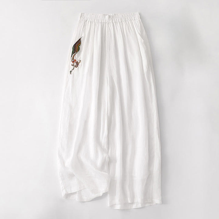 Pantalon décontracté en coton et lin avec broderie florale Buddha Stones pour femme, taille élastique, jambes larges et poches - Blanc - US8-10，UK/AU12-14，EU40-42 (2XL) - image 26