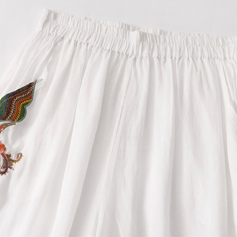 Pantalon décontracté en coton et lin avec broderie florale Buddha Stones pour femme, taille élastique, jambes larges et poches - image 27