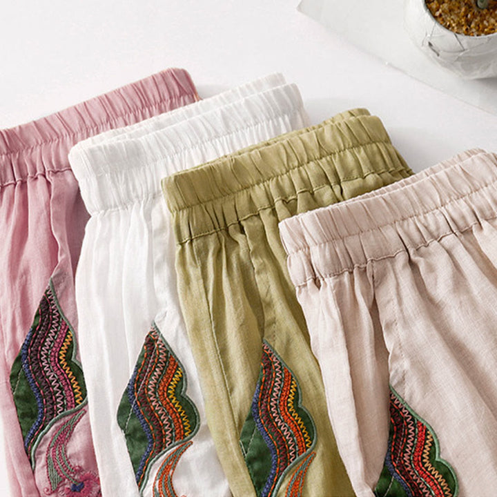 Pantalon décontracté en coton et lin avec broderie florale Buddha Stones pour femme, taille élastique, jambes larges et poches - image 34
