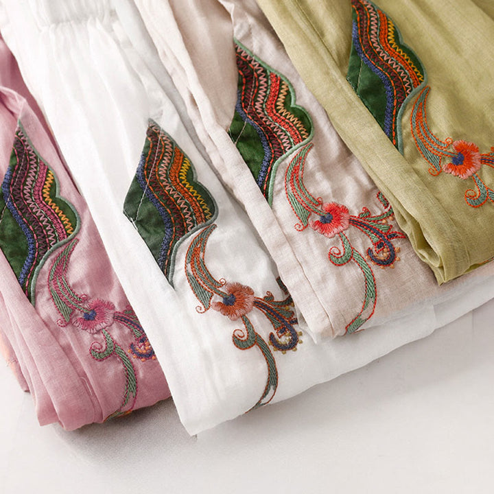 Pantalon décontracté en coton et lin avec broderie florale Buddha Stones pour femme, taille élastique, jambes larges et poches - image 35