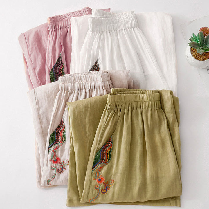 Pantalon décontracté en coton et lin avec broderie florale Buddha Stones pour femme, taille élastique, jambes larges et poches - image 33