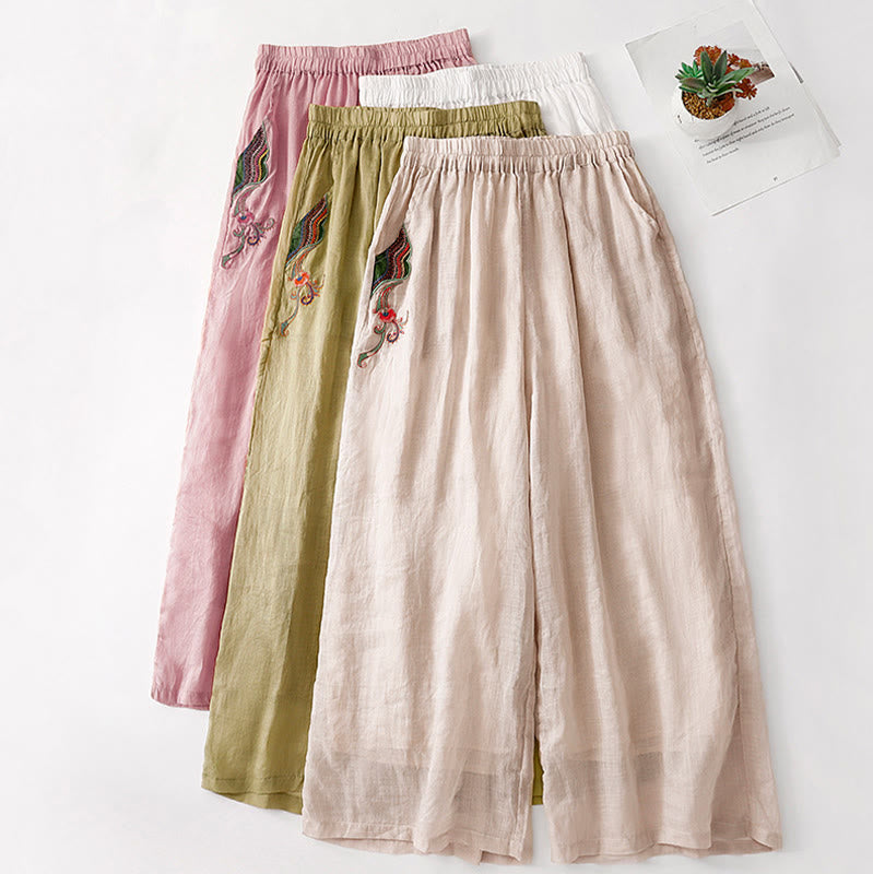 Pantalon décontracté en coton et lin avec broderie florale Buddha Stones pour femme, taille élastique, jambes larges et poches - image 32