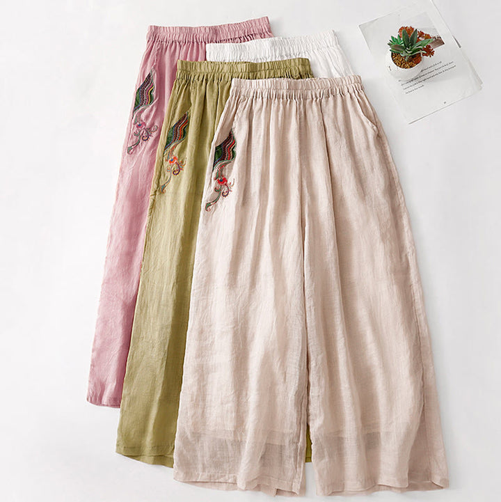 Pantalon décontracté en coton et lin avec broderie florale Buddha Stones pour femme, taille élastique, jambes larges et poches - image 32