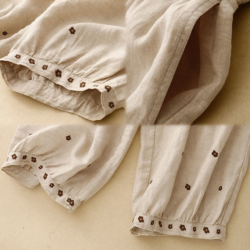 Pantalon sarouel décontracté en coton et lin avec poches et pétales brodés Buddha Stones pour femme, longueur 7-8 - image 5