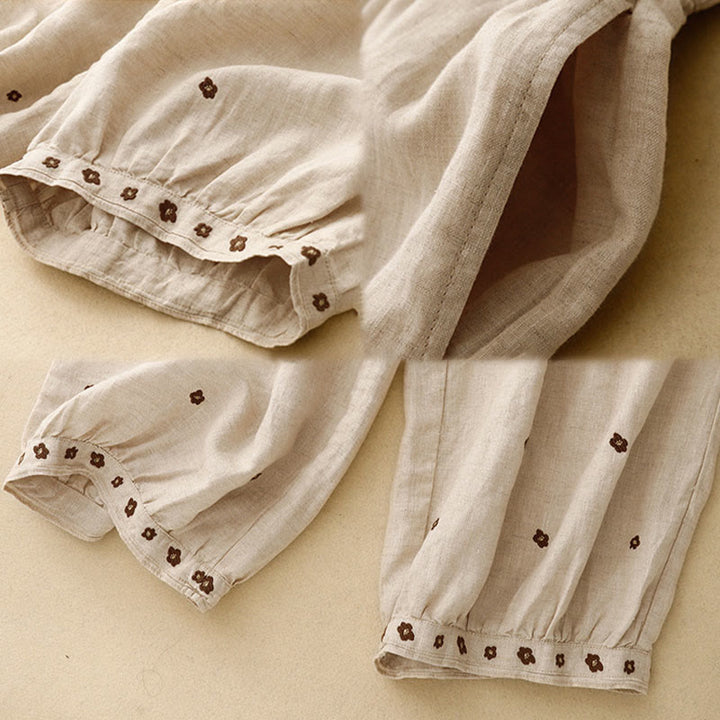 Pantalon sarouel décontracté en coton et lin avec poches et pétales brodés Buddha Stones pour femme, longueur 7-8 - image 5