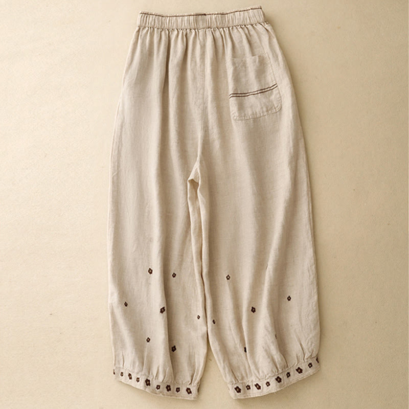 Pantalon sarouel décontracté en coton et lin avec poches et pétales brodés Buddha Stones pour femme, longueur 7-8 - image 2