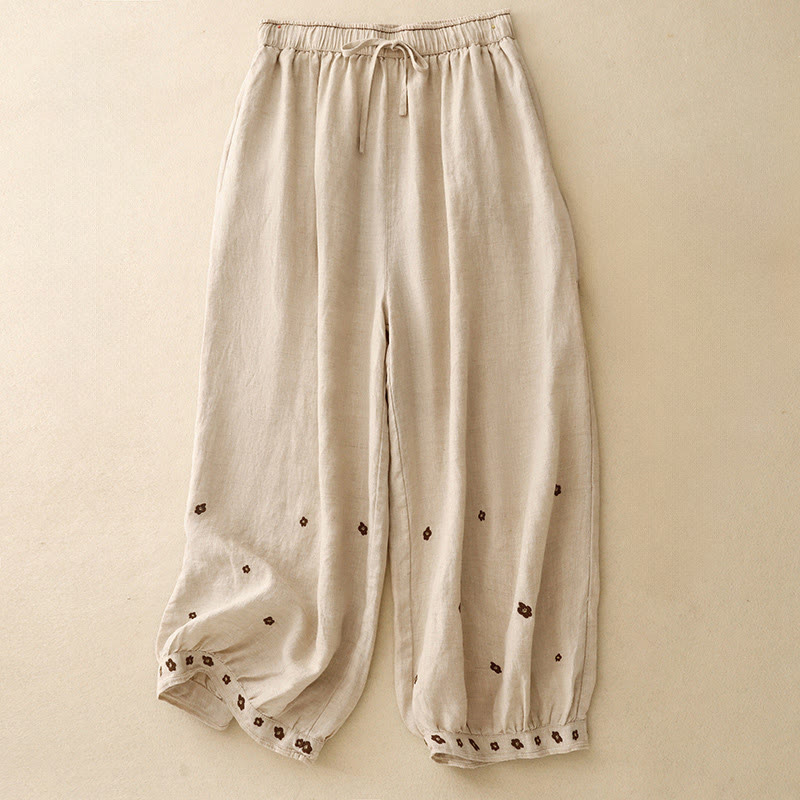 Pantalon sarouel décontracté en coton et lin avec poches et pétales brodés Buddha Stones pour femme, longueur 7-8 - Blé - US12，UK/AU16，EU44 (2XL) - image 1