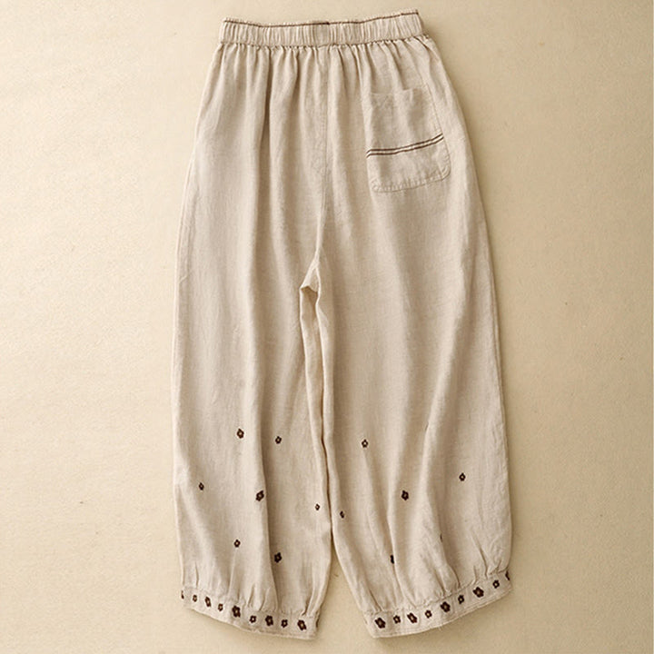 Pantalon sarouel décontracté en coton et lin avec poches et pétales brodés Buddha Stones pour femme, longueur 7-8 - image 1