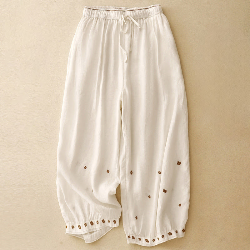 Pantalon sarouel décontracté en coton et lin avec poches et pétales brodés Buddha Stones pour femme, longueur 7-8 - Lin - US12，UK/AU16，EU44 (2XL) - image 6