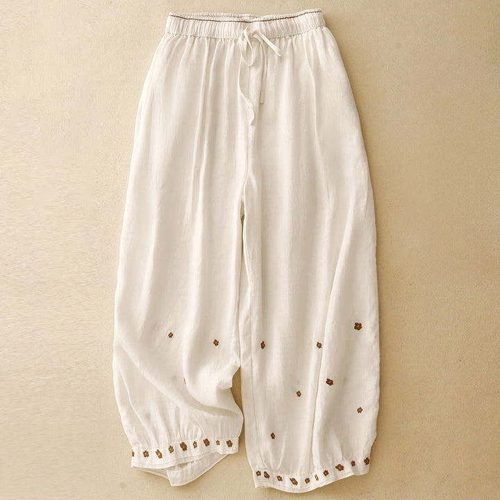 Pantalon sarouel décontracté en coton et lin avec poches et pétales brodés Buddha Stones pour femme, longueur 7-8 - Lin - US12，UK/AU16，EU44 (2XL) - image 6