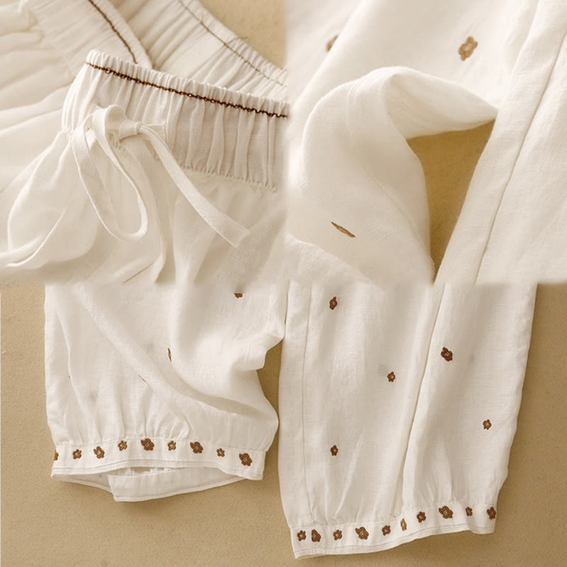 Pantalon sarouel décontracté en coton et lin avec poches et pétales brodés Buddha Stones pour femme, longueur 7-8 - image 8