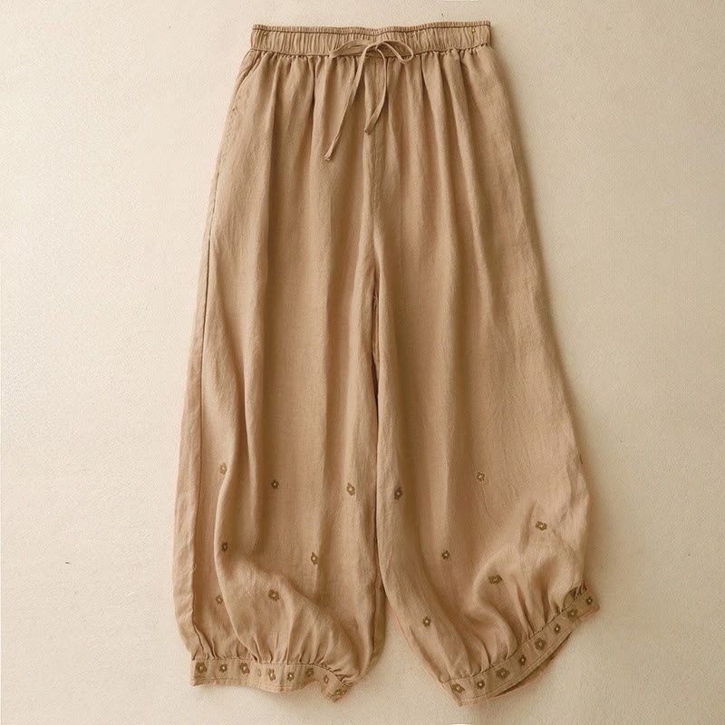 Pantalon sarouel décontracté en coton et lin avec poches et pétales brodés Buddha Stones pour femme, longueur 7-8 - SandyBrown - US12，UK/AU16，EU44 (2XL) - image 9