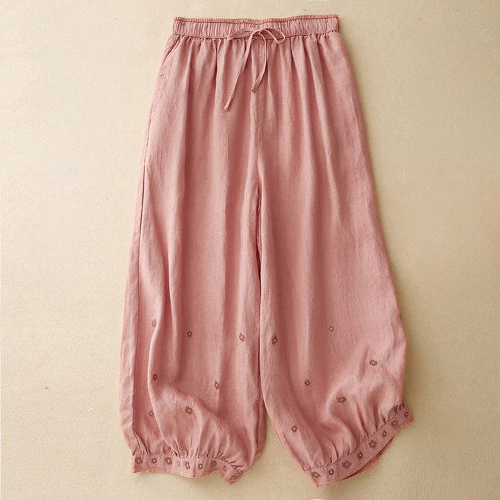 Pantalon sarouel décontracté en coton et lin avec poches et pétales brodés Buddha Stones pour femme, longueur 7-8 - LightCoral - US12，UK/AU16，EU44 (2XL) - image 12