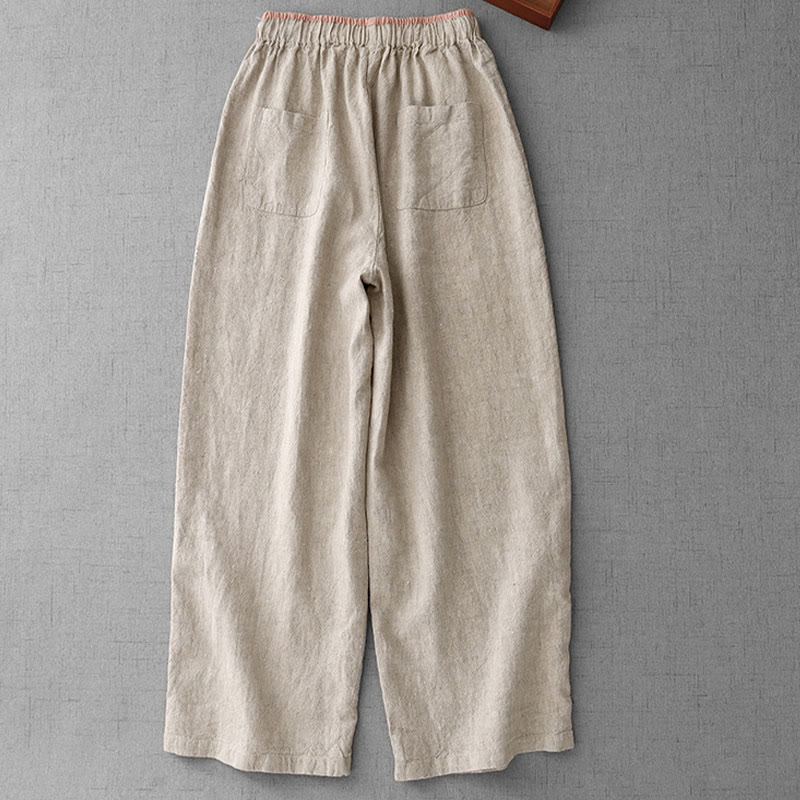 Pantalon décontracté en coton et lin avec cordon de serrage et poches pour femme, style simple et quotidien, motif Buddha Stones - image 1