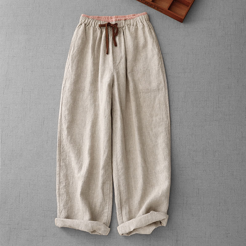 Pantalon décontracté en coton et lin avec cordon de serrage et poches pour femme, style simple et quotidien, motif Buddha Stones - Beige - US8-10，UK/AU12-14，EU40-42 (2XL) - image 1