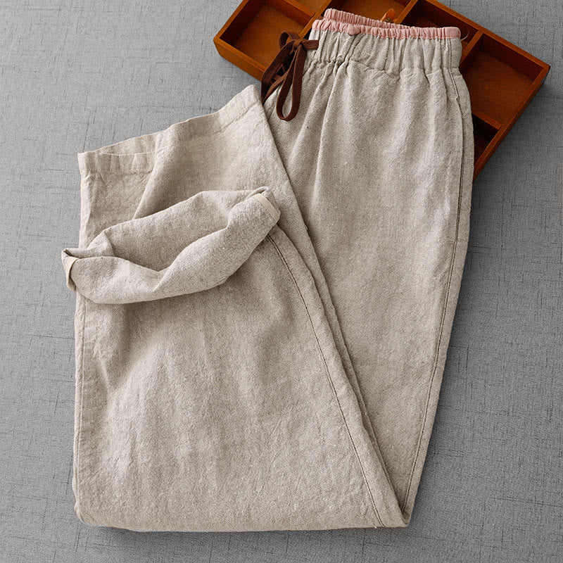 Pantalon décontracté en coton et lin avec cordon de serrage et poches pour femme, style simple et quotidien, motif Buddha Stones - image 3