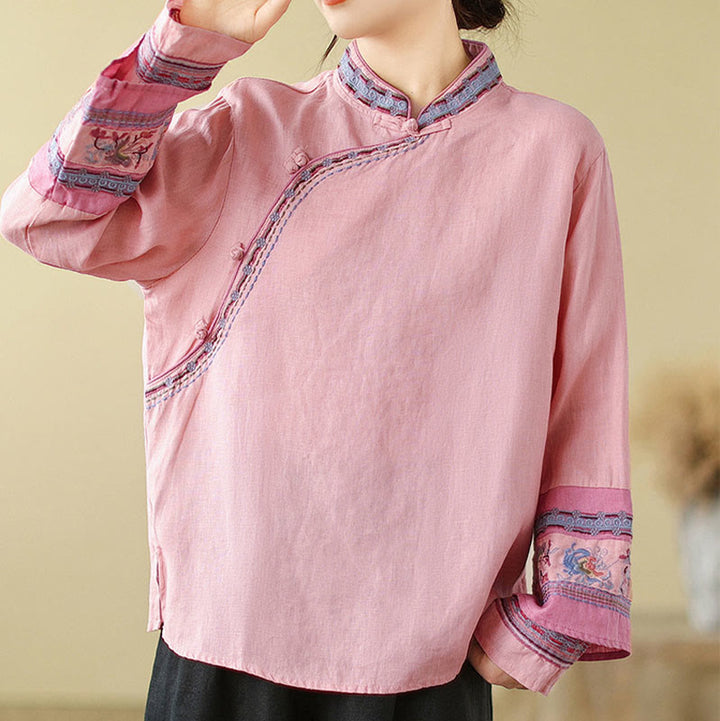 Chemise femme en coton et lin avec boutons obliques brodés de Buddha Stones - Rose - US8-10，UK/AU12-14，EU40-42 (2XL) - image 13
