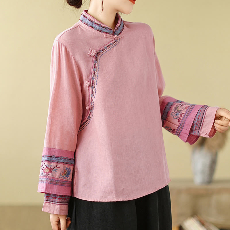 Chemise femme en coton et lin avec boutons obliques brodés de Buddha Stones - image 16