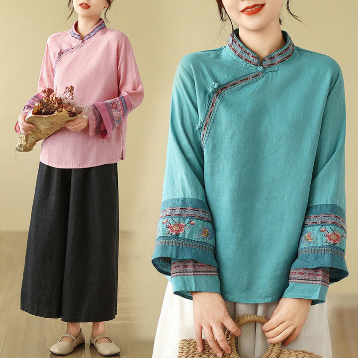 Chemise femme en coton et lin avec boutons obliques brodés de Buddha Stones - image 25