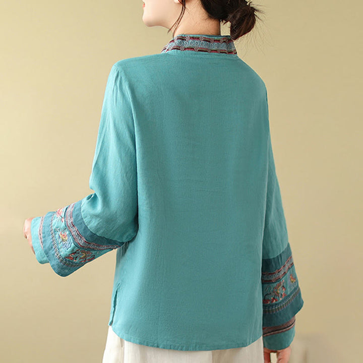 Chemise femme en coton et lin avec boutons obliques brodés de Buddha Stones - image 21