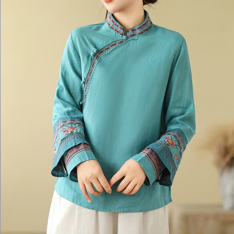 Chemise femme en coton et lin avec boutons obliques brodés de Buddha Stones - image 23