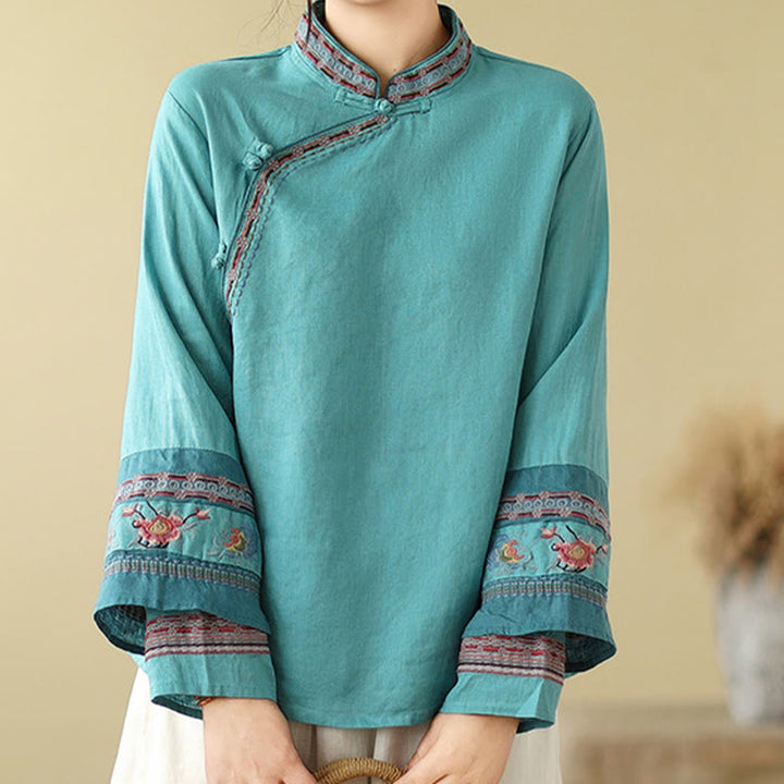 Chemise femme en coton et lin avec boutons obliques brodés de Buddha Stones - image 22