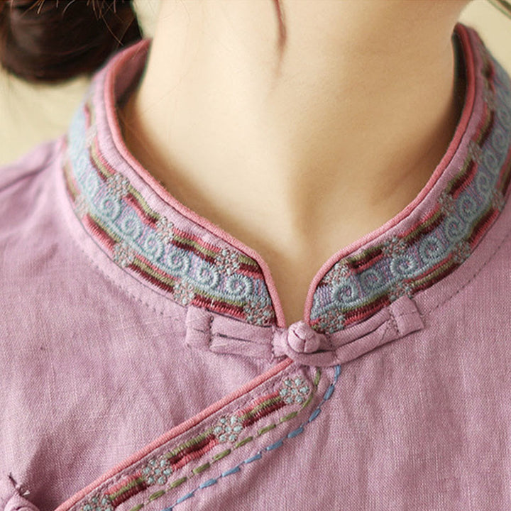 Chemise femme en coton et lin avec boutons obliques brodés de Buddha Stones - image 12