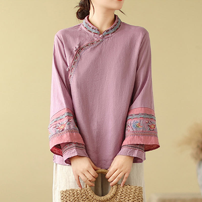 Chemise femme en coton et lin avec boutons obliques brodés de Buddha Stones - image 2