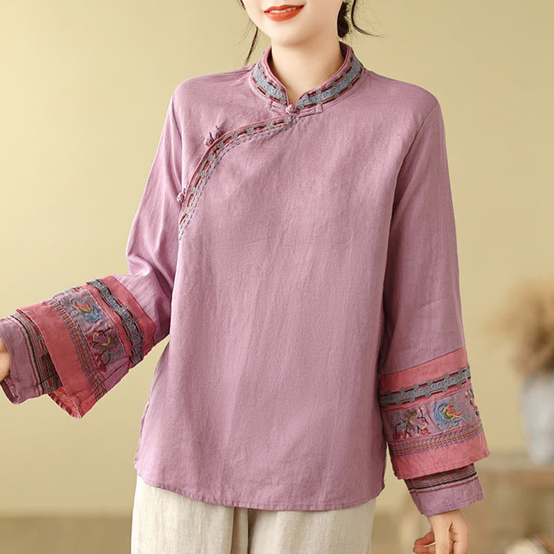 Chemise femme en coton et lin avec boutons obliques brodés de Buddha Stones - image 3