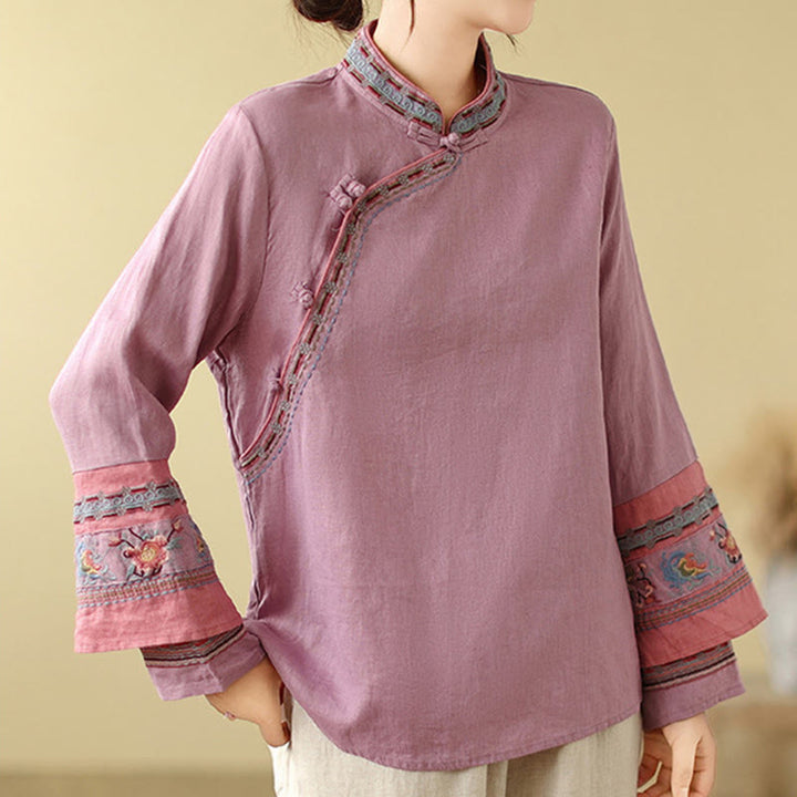 Chemise femme en coton et lin avec boutons obliques brodés de Buddha Stones - image 4