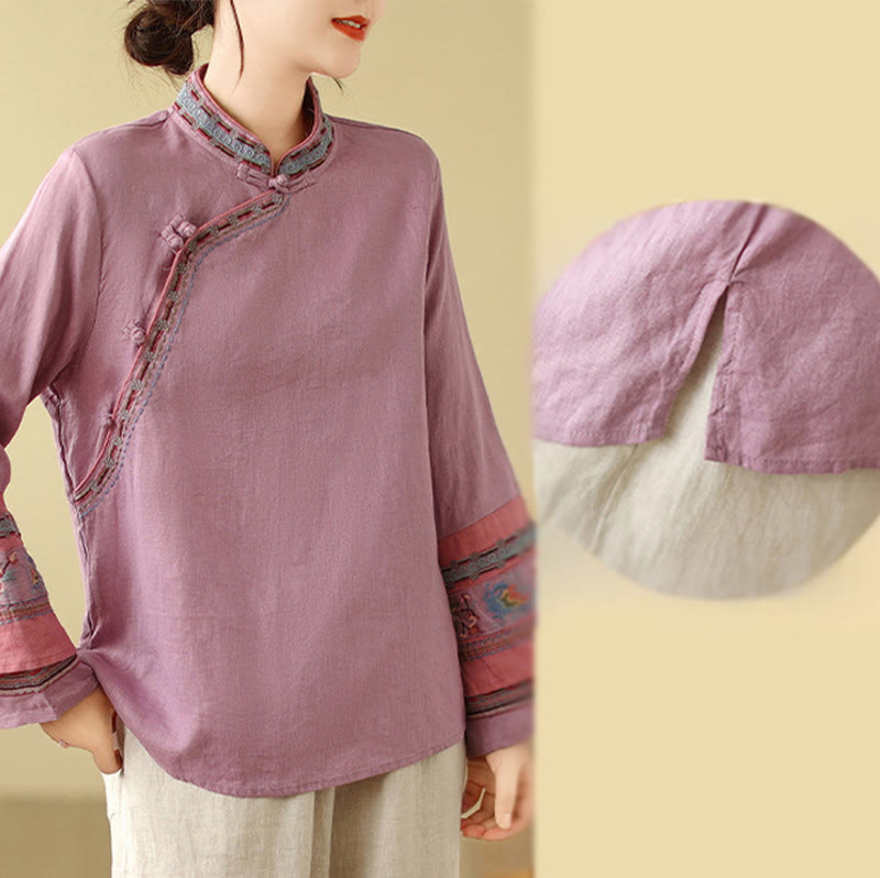Chemise femme en coton et lin avec boutons obliques brodés de Buddha Stones - image 6