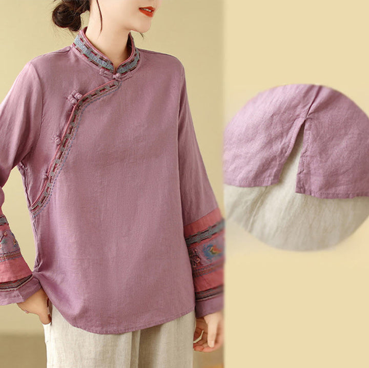 Chemise femme en coton et lin avec boutons obliques brodés de Buddha Stones - image 6