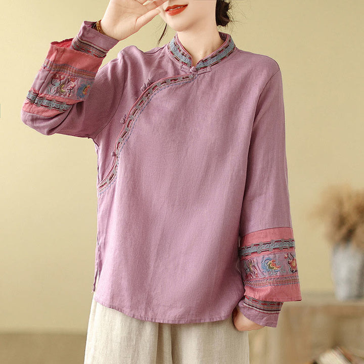 Chemise femme en coton et lin avec boutons obliques brodés de Buddha Stones - Prune - US8-10，UK/AU12-14，EU40-42 (2XL) - image 1