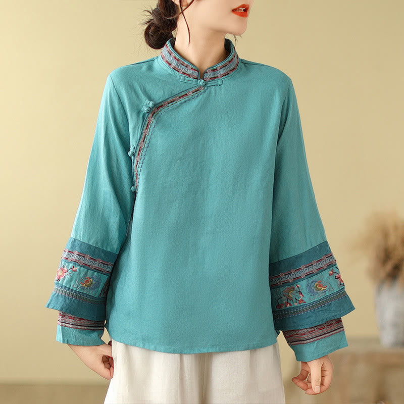 Chemise femme en coton et lin avec boutons obliques brodés de Buddha Stones - Vert clair - US8-10，UK/AU12-14，EU40-42 (2XL) - image 19