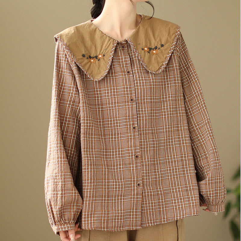 Chemise femme en coton à carreaux brodés Buddha Stones - Saumon foncé - US8-10，UK/AU12-14，EU40-42 (2XL) - image 1