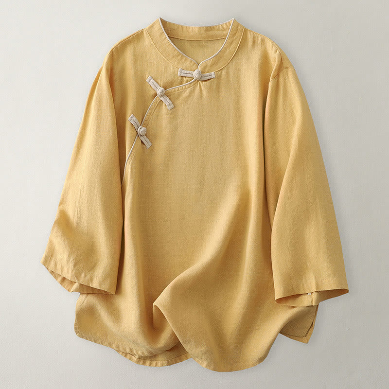 Chemise femme en coton et lin à boutons inclinés et Buddha Stones - Or - US12，UK/AU16，EU44 (2XL) - image 0