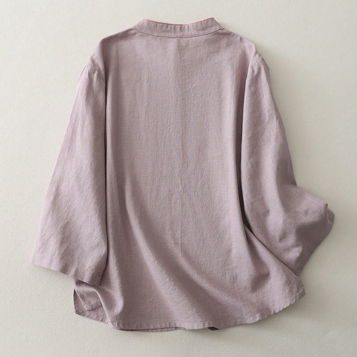 Chemise femme en coton et lin à boutons inclinés et Buddha Stones - image 3