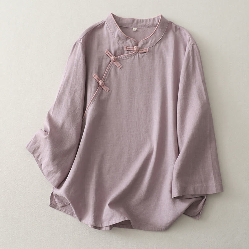 Chemise femme en coton et lin à boutons inclinés et Buddha Stones - Chardon - US12，UK/AU16，EU44 (2XL) - image 3