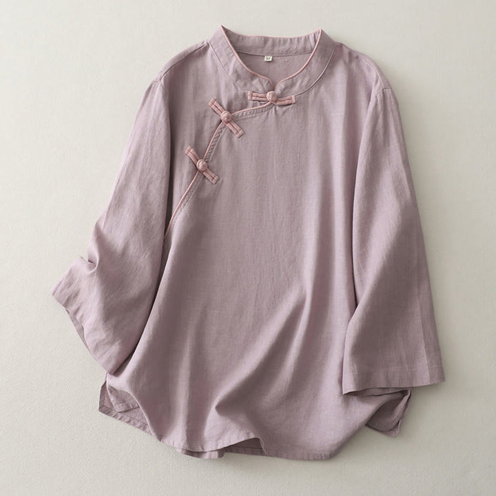 Chemise femme en coton et lin à boutons inclinés et Buddha Stones - Chardon - US12，UK/AU16，EU44 (2XL) - image 3
